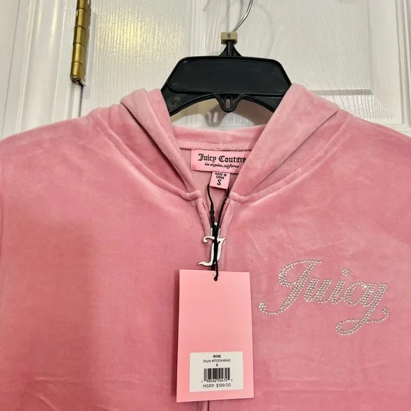 Juicy Couture Rose Bling Velour Tracksuit Hoodie & Pants Rhinestone NWT Size S - Picture 9 of 9